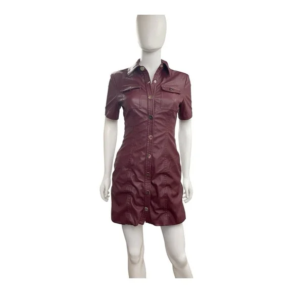 TOCCIN Burgundy Faux Leather Short Sleeve Dress Snap Front Mini Vegan Sz 2